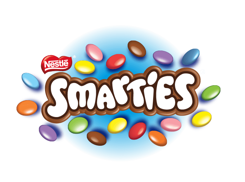 Image of the Smarties logo over the top of a burst of colourful smarties